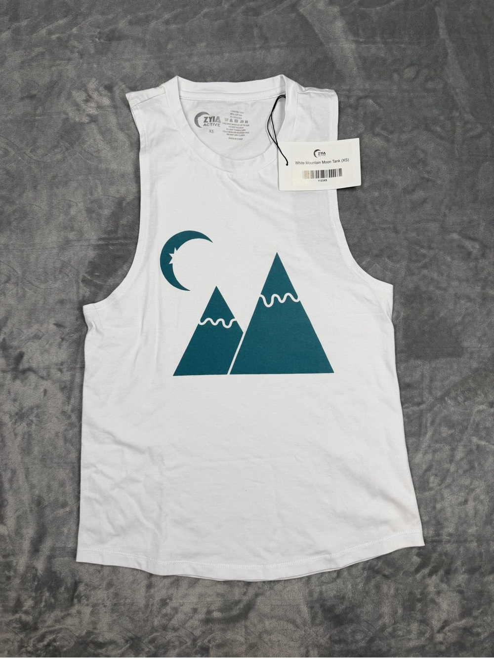 ZYIA White Tank Top with Teal Mountain Graphic